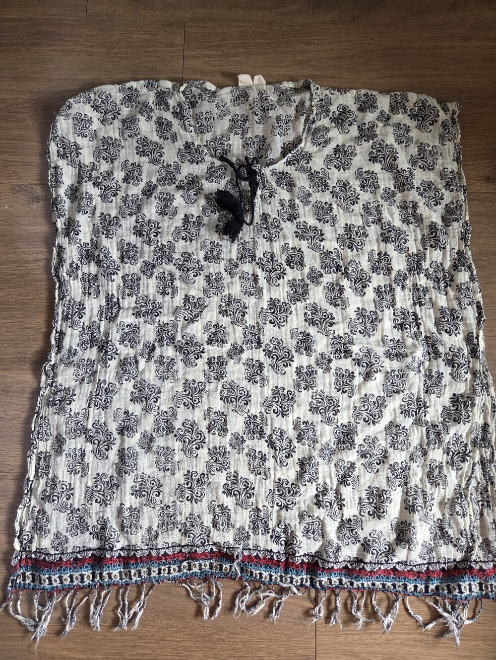 Beach By Exist Women's Black & White Printed Boho Cover-up with Fringe